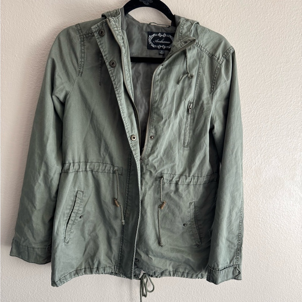 Ambiance Muted Olive Green Hooded Utility Jacket  - Size Medium